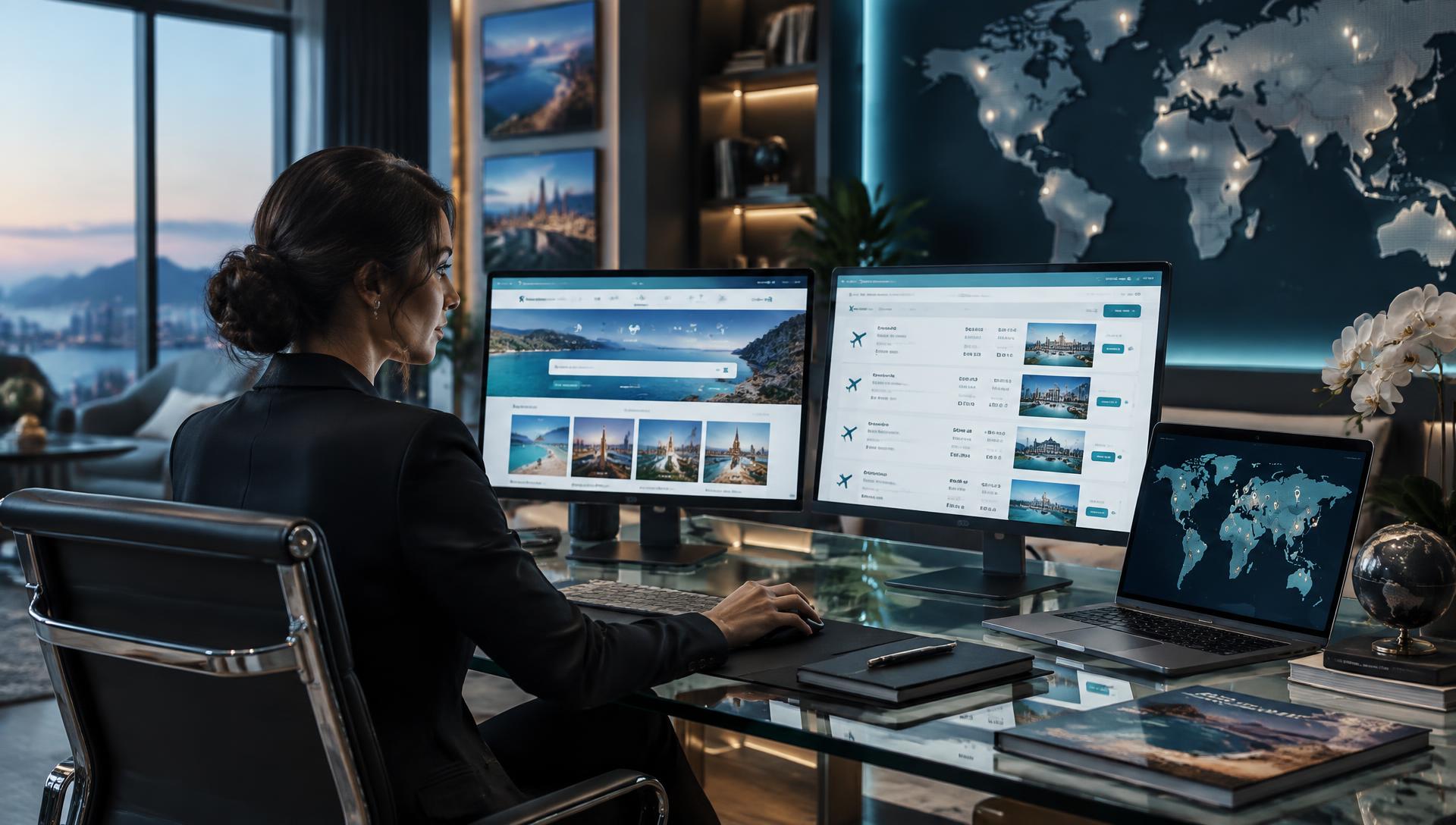 Travel agent managing a branded booking storefront across multiple screens